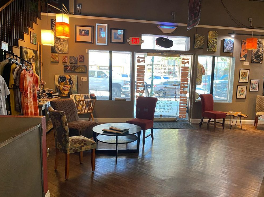 An image taken from inside the studio, showing the door and the front of the studio.